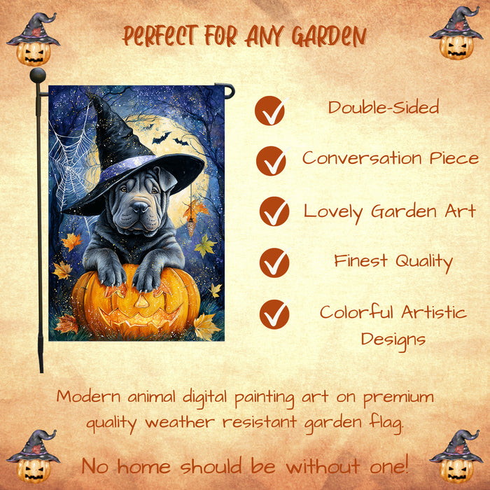 Shar Pei Halloween Garden Flag Full Moon Pumpkin Witch Hat Dog Yard Banner Fall Outdoor Decor 12.5 x 18 Inch