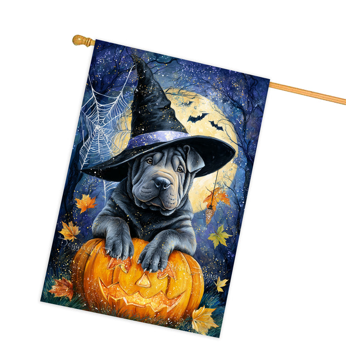 Shar Pei Halloween House Flag Full Moon Pumpkin Witch Hat Dog Large Outdoor Banner Fall Porch Yard Decoration 28 x 40 Inch