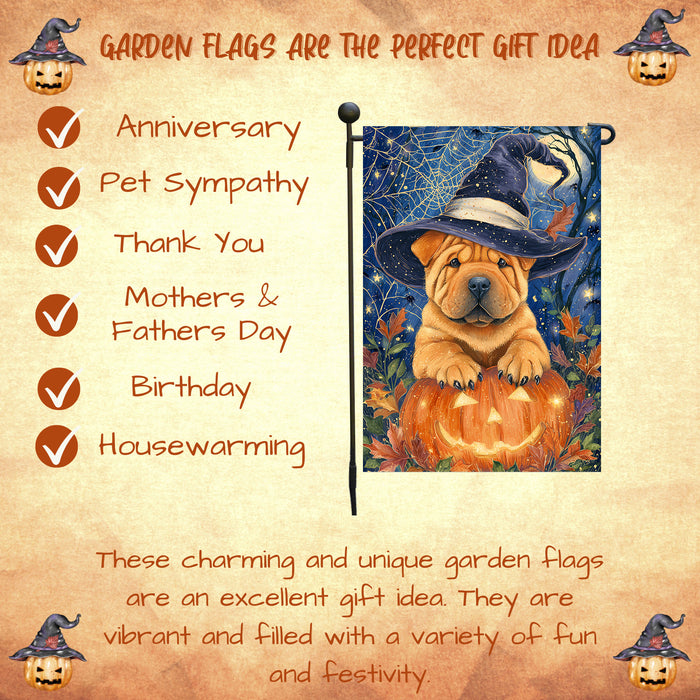 Shar Pei Dog Pumpkin Witch Hat Halloween Garden Flag Yard Banner Fall Outdoor Lawn Porch Decoration 12.5 x 18 Inch