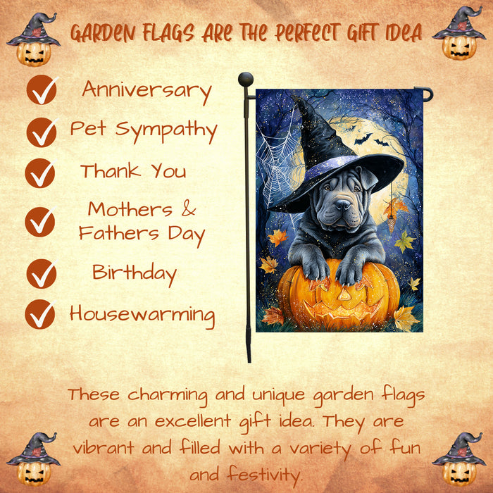 Shar Pei Halloween Garden Flag Full Moon Pumpkin Witch Hat Dog Yard Banner Fall Outdoor Decor 12.5 x 18 Inch