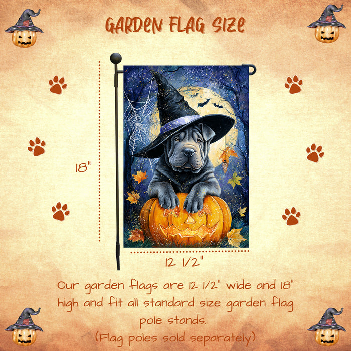 Shar Pei Halloween Garden Flag Full Moon Pumpkin Witch Hat Dog Yard Banner Fall Outdoor Decor 12.5 x 18 Inch