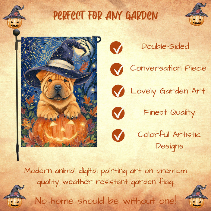 Shar Pei Dog Pumpkin Witch Hat Halloween Garden Flag Yard Banner Fall Outdoor Lawn Porch Decoration 12.5 x 18 Inch