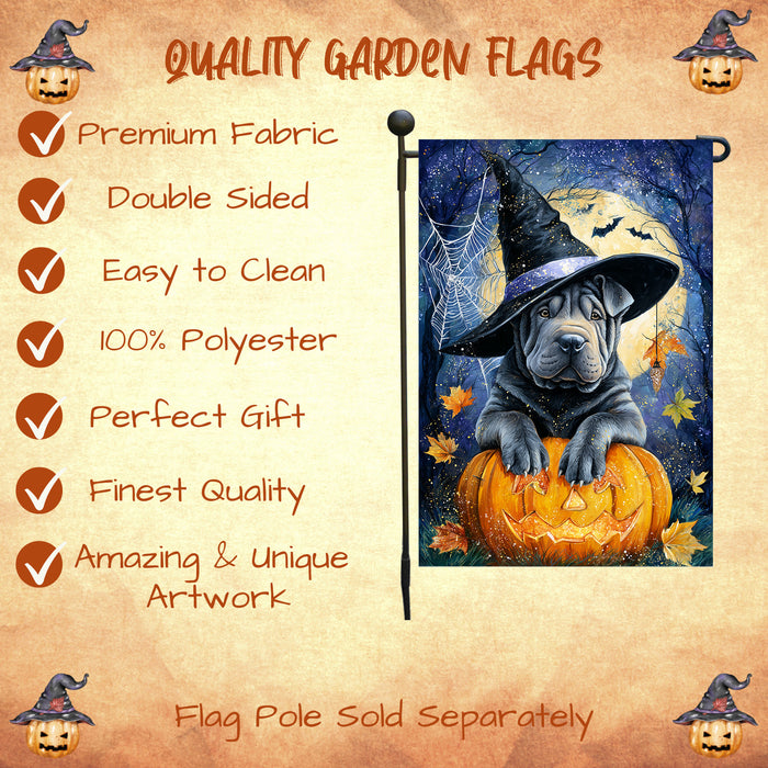 Shar Pei Halloween Garden Flag Full Moon Pumpkin Witch Hat Dog Yard Banner Fall Outdoor Decor 12.5 x 18 Inch