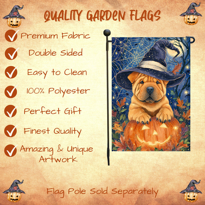 Shar Pei Dog Pumpkin Witch Hat Halloween Garden Flag Yard Banner Fall Outdoor Lawn Porch Decoration 12.5 x 18 Inch