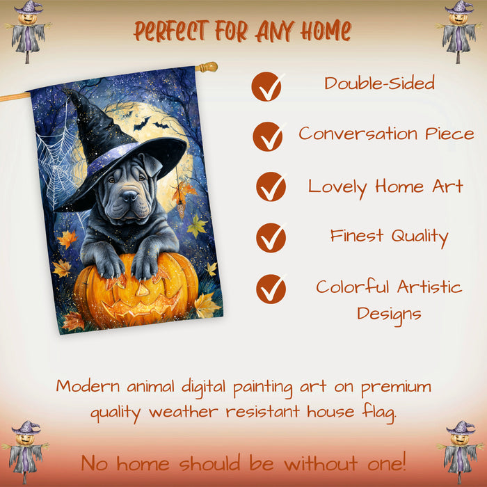 Shar Pei Halloween House Flag Full Moon Pumpkin Witch Hat Dog Large Outdoor Banner Fall Porch Yard Decoration 28 x 40 Inch