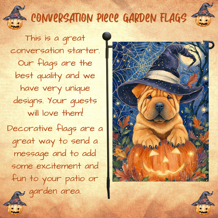 Shar Pei Dog Pumpkin Witch Hat Halloween Garden Flag Yard Banner Fall Outdoor Lawn Porch Decoration 12.5 x 18 Inch