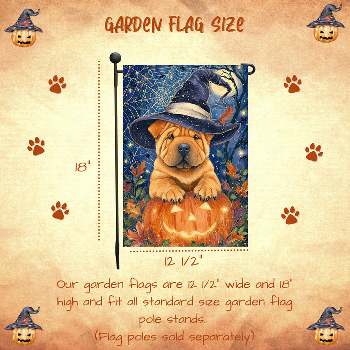 Shar Pei Dog Pumpkin Witch Hat Halloween Garden Flag Yard Banner Fall Outdoor Lawn Porch Decoration 12.5 x 18 Inch