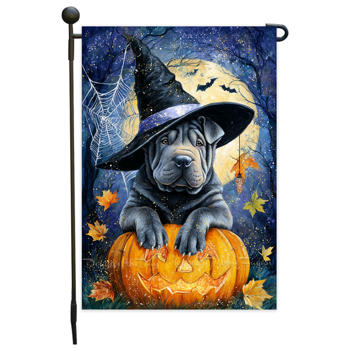 Shar Pei Halloween Garden Flag Full Moon Pumpkin Witch Hat Dog Yard Banner Fall Outdoor Decor 12.5 x 18 Inch