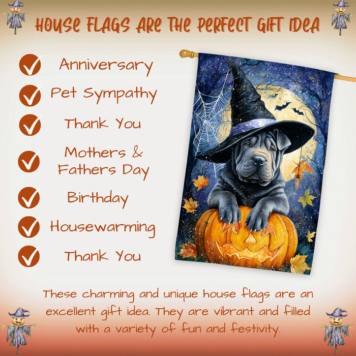 Shar Pei Halloween House Flag Full Moon Pumpkin Witch Hat Dog Large Outdoor Banner Fall Porch Yard Decoration 28 x 40 Inch