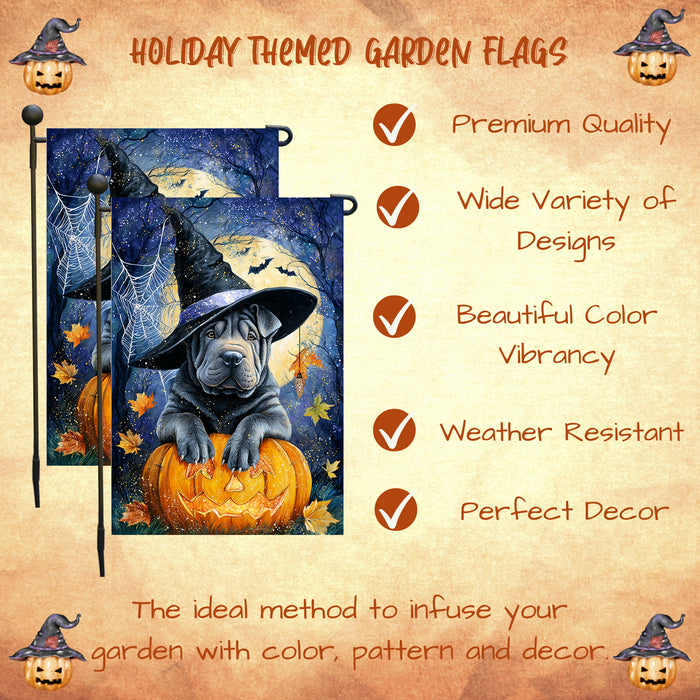 Shar Pei Halloween Garden Flag Full Moon Pumpkin Witch Hat Dog Yard Banner Fall Outdoor Decor 12.5 x 18 Inch