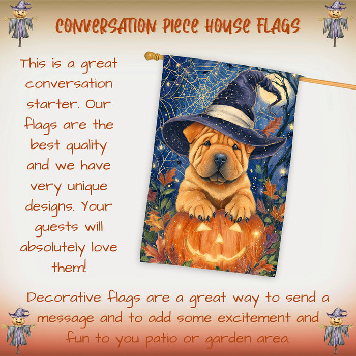 Shar Pei Halloween House Flag Pumpkin Witch Hat Dog Large Outdoor Banner Fall Porch Yard Decoration 28 x 40 Inch