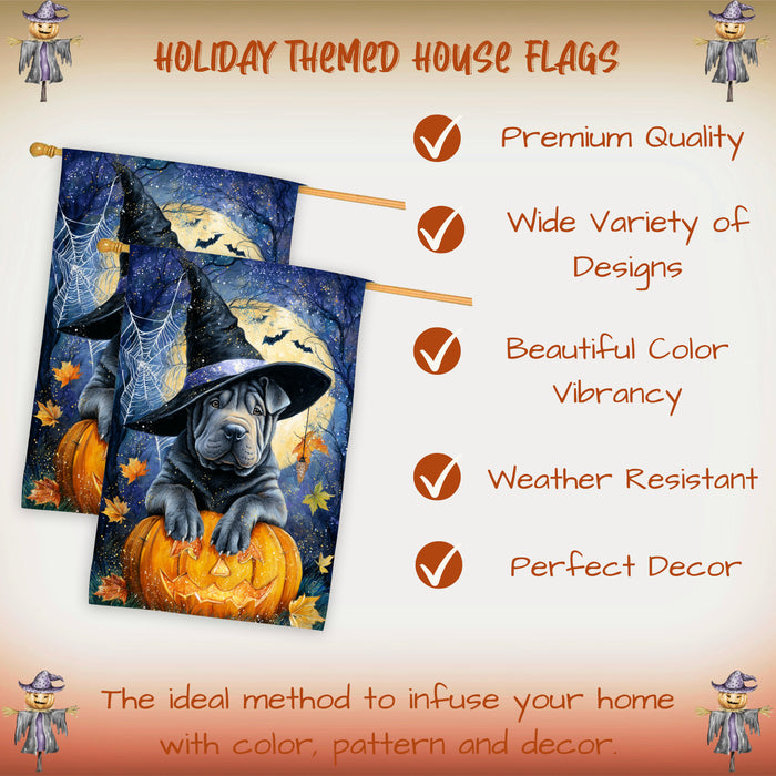 Shar Pei Halloween House Flag Full Moon Pumpkin Witch Hat Dog Large Outdoor Banner Fall Porch Yard Decoration 28 x 40 Inch
