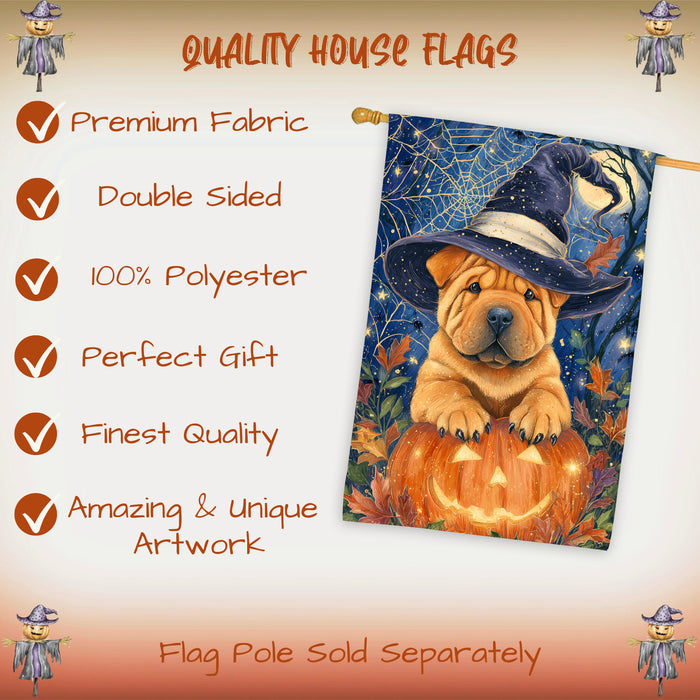 Shar Pei Halloween House Flag Pumpkin Witch Hat Dog Large Outdoor Banner Fall Porch Yard Decoration 28 x 40 Inch