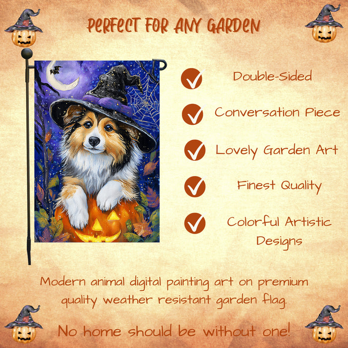 Shetland Sheepdog Halloween Garden Flag Pumpkin Witch Hat Dog Yard Banner Fall Outdoor Decor 12.5 x 18 Inch