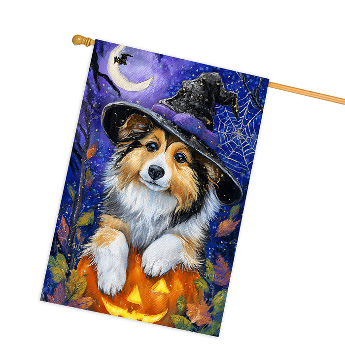 Shetland Sheepdog Halloween House Flag Pumpkin Witch Hat Dog Large Outdoor Banner Fall Porch Yard Decoration 28 x 40 Inch