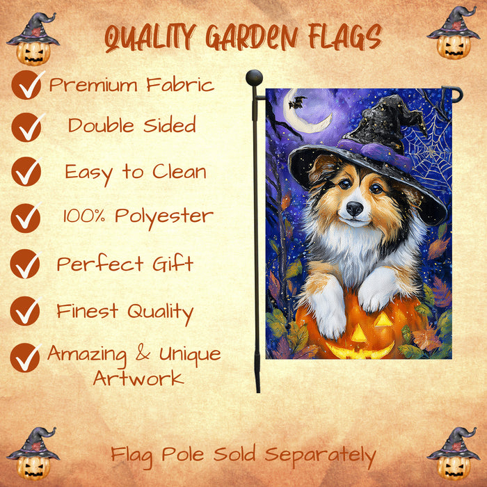 Shetland Sheepdog Halloween Garden Flag Pumpkin Witch Hat Dog Yard Banner Fall Outdoor Decor 12.5 x 18 Inch
