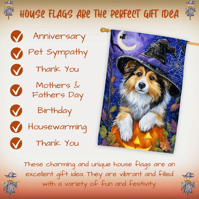 Shetland Sheepdog Halloween House Flag Pumpkin Witch Hat Dog Large Outdoor Banner Fall Porch Yard Decoration 28 x 40 Inch