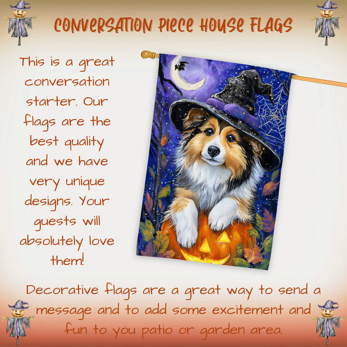 Shetland Sheepdog Halloween House Flag Pumpkin Witch Hat Dog Large Outdoor Banner Fall Porch Yard Decoration 28 x 40 Inch