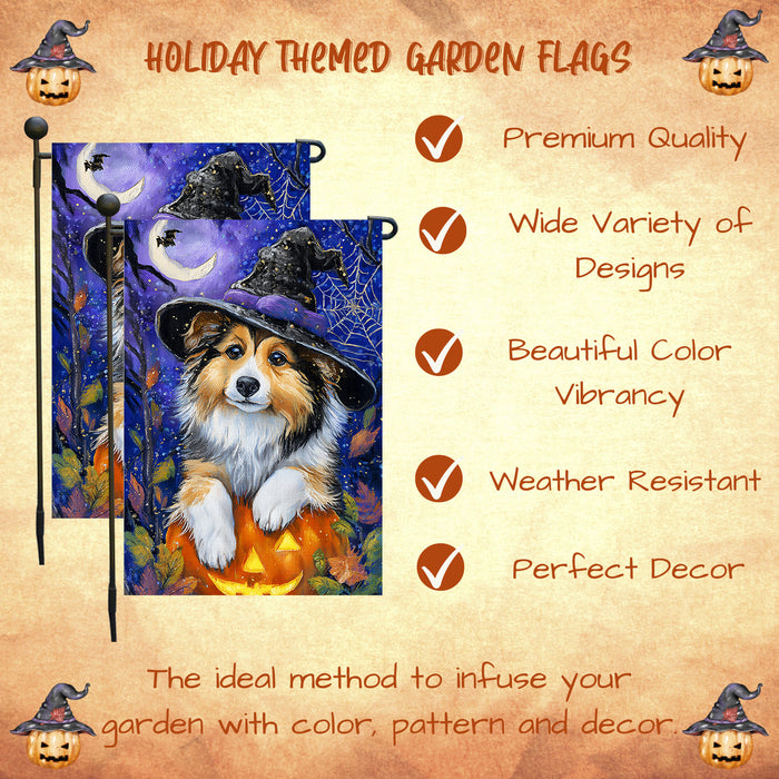 Shetland Sheepdog Halloween Garden Flag Pumpkin Witch Hat Dog Yard Banner Fall Outdoor Decor 12.5 x 18 Inch
