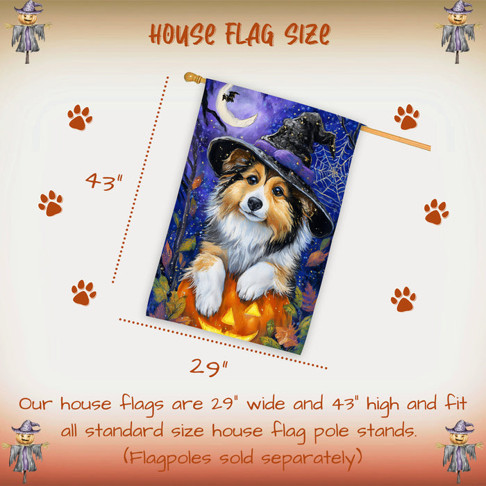 Shetland Sheepdog Halloween House Flag Pumpkin Witch Hat Dog Large Outdoor Banner Fall Porch Yard Decoration 28 x 40 Inch