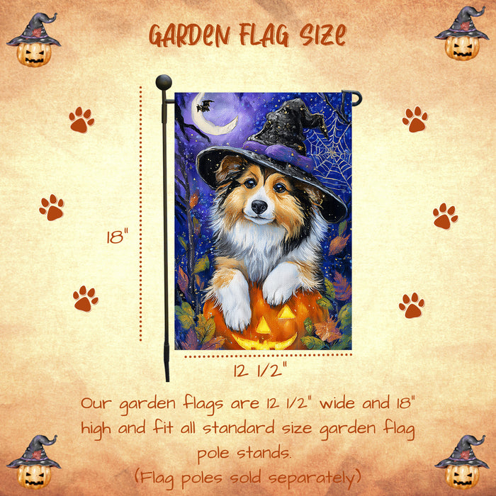 Shetland Sheepdog Halloween Garden Flag Pumpkin Witch Hat Dog Yard Banner Fall Outdoor Decor 12.5 x 18 Inch