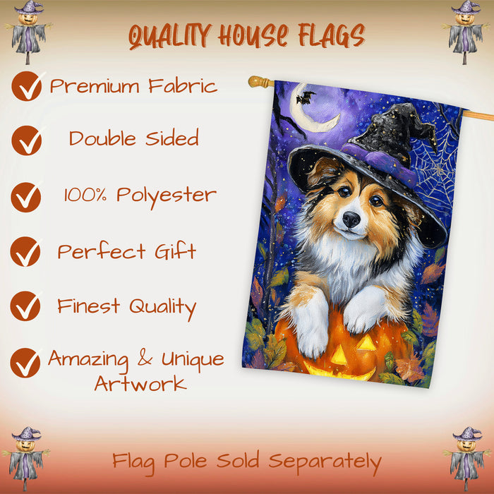 Shetland Sheepdog Halloween House Flag Pumpkin Witch Hat Dog Large Outdoor Banner Fall Porch Yard Decoration 28 x 40 Inch