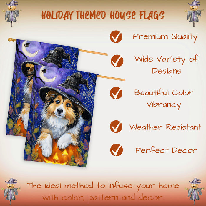 Shetland Sheepdog Halloween House Flag Pumpkin Witch Hat Dog Large Outdoor Banner Fall Porch Yard Decoration 28 x 40 Inch