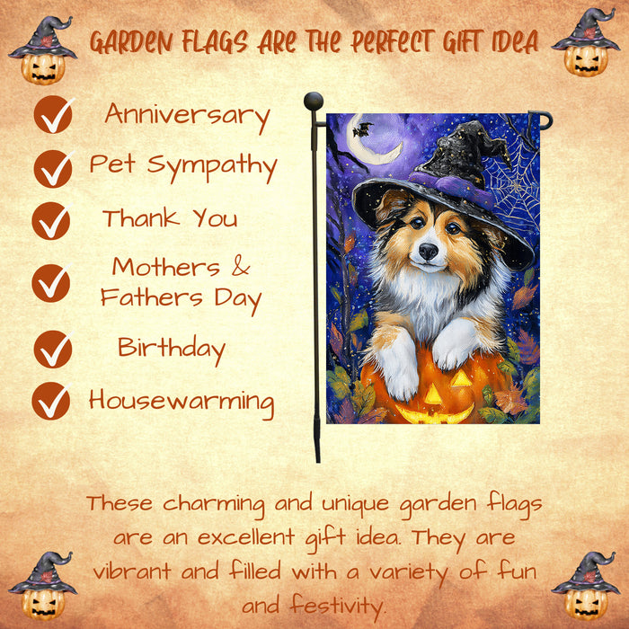 Shetland Sheepdog Halloween Garden Flag Pumpkin Witch Hat Dog Yard Banner Fall Outdoor Decor 12.5 x 18 Inch