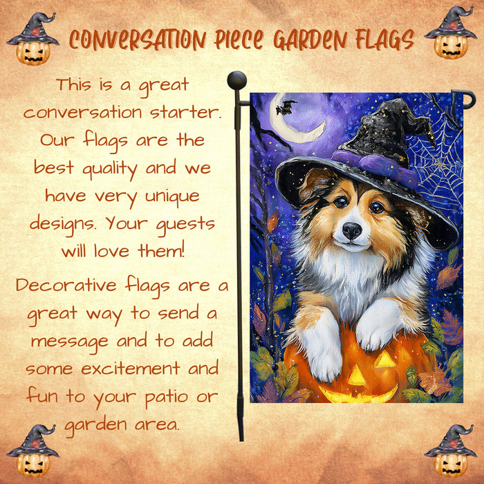 Shetland Sheepdog Halloween Garden Flag Pumpkin Witch Hat Dog Yard Banner Fall Outdoor Decor 12.5 x 18 Inch