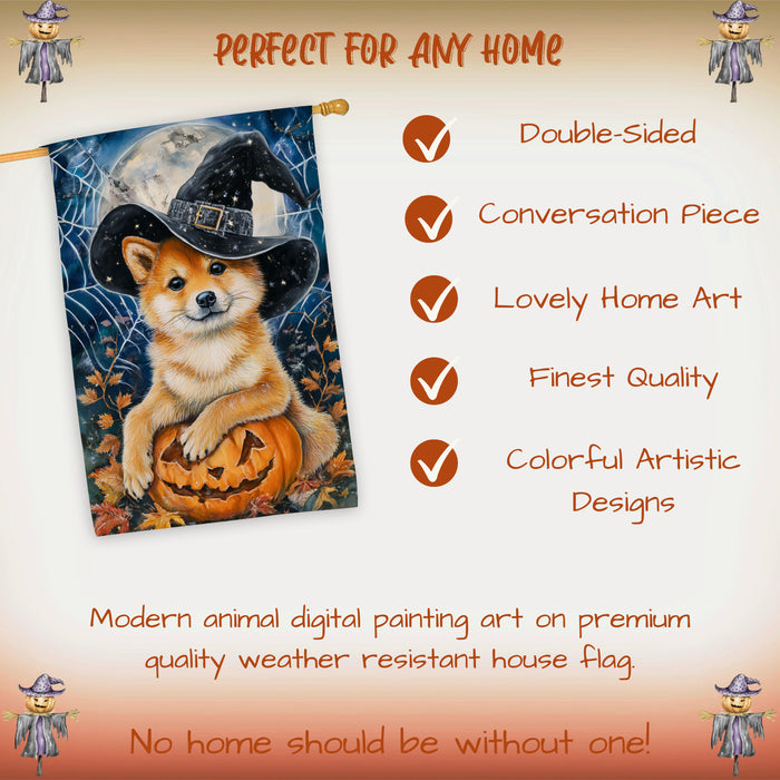 Shiba Inu Halloween House Flag Pumpkin Witch Hat Dog Large Outdoor Banner Fall Porch Yard Decoration 28 x 40 Inch