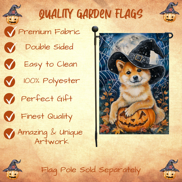 Shiba Inu Halloween Garden Flag Pumpkin Witch Hat Dog Yard Banner Fall Outdoor Decor 12.5 x 18 Inch