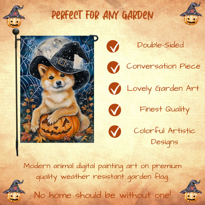 Shiba Inu Halloween Garden Flag Pumpkin Witch Hat Dog Yard Banner Fall Outdoor Decor 12.5 x 18 Inch