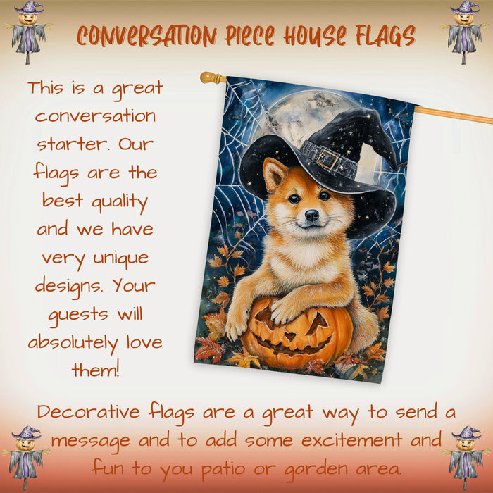 Shiba Inu Halloween House Flag Pumpkin Witch Hat Dog Large Outdoor Banner Fall Porch Yard Decoration 28 x 40 Inch