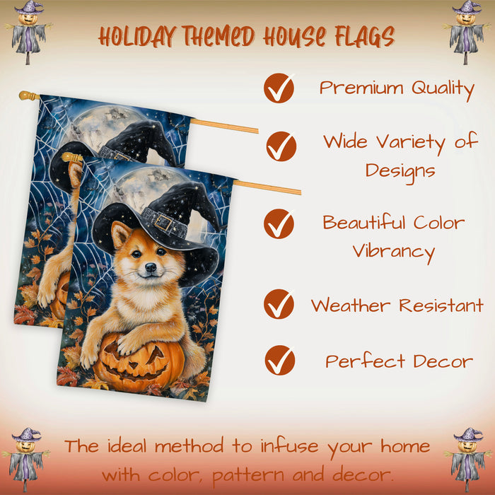 Shiba Inu Halloween House Flag Pumpkin Witch Hat Dog Large Outdoor Banner Fall Porch Yard Decoration 28 x 40 Inch