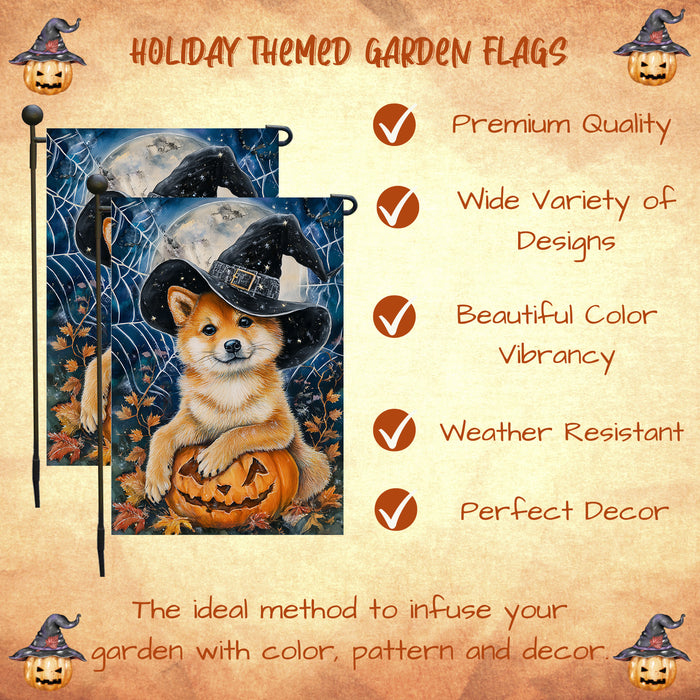 Shiba Inu Halloween Garden Flag Pumpkin Witch Hat Dog Yard Banner Fall Outdoor Decor 12.5 x 18 Inch