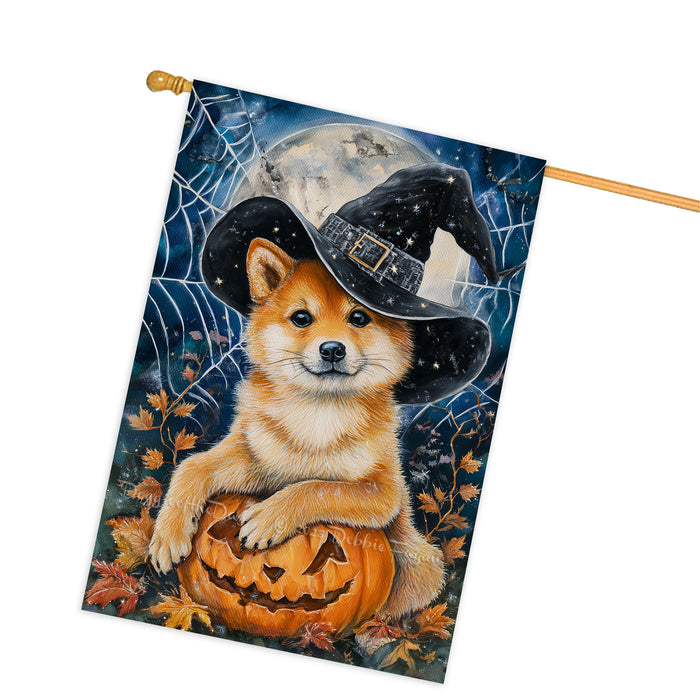 Shiba Inu Halloween House Flag Pumpkin Witch Hat Dog Large Outdoor Banner Fall Porch Yard Decoration 28 x 40 Inch