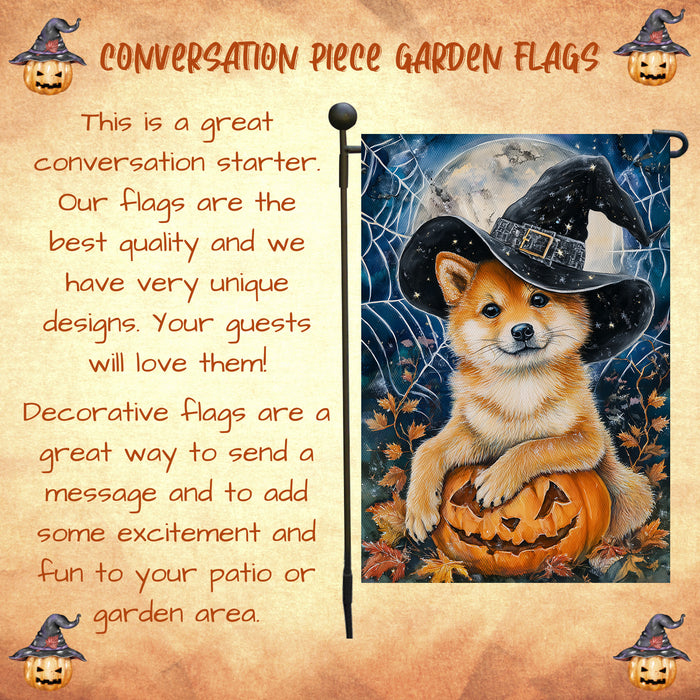 Shiba Inu Halloween Garden Flag Pumpkin Witch Hat Dog Yard Banner Fall Outdoor Decor 12.5 x 18 Inch
