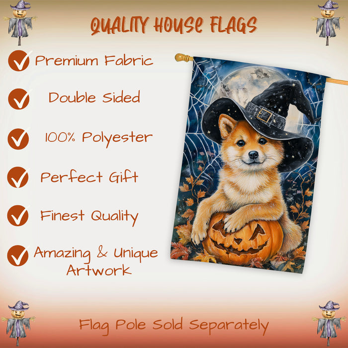 Shiba Inu Halloween House Flag Pumpkin Witch Hat Dog Large Outdoor Banner Fall Porch Yard Decoration 28 x 40 Inch