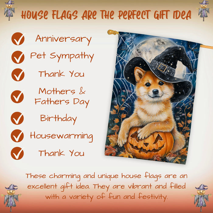 Shiba Inu Halloween House Flag Pumpkin Witch Hat Dog Large Outdoor Banner Fall Porch Yard Decoration 28 x 40 Inch