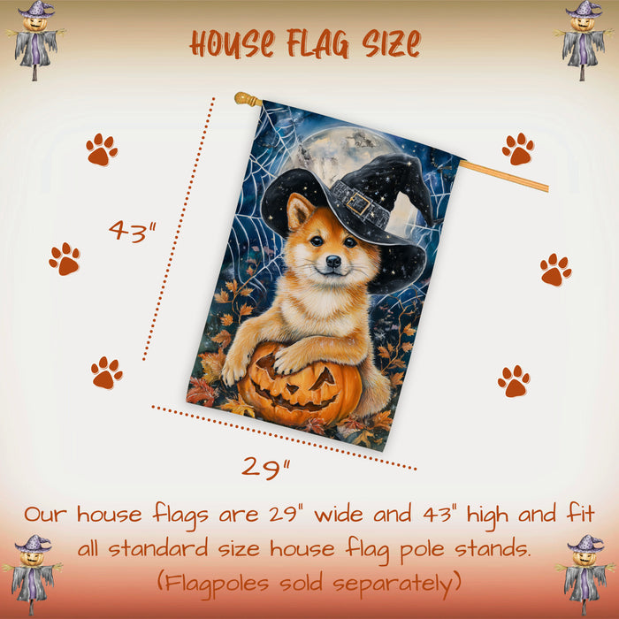 Shiba Inu Halloween House Flag Pumpkin Witch Hat Dog Large Outdoor Banner Fall Porch Yard Decoration 28 x 40 Inch