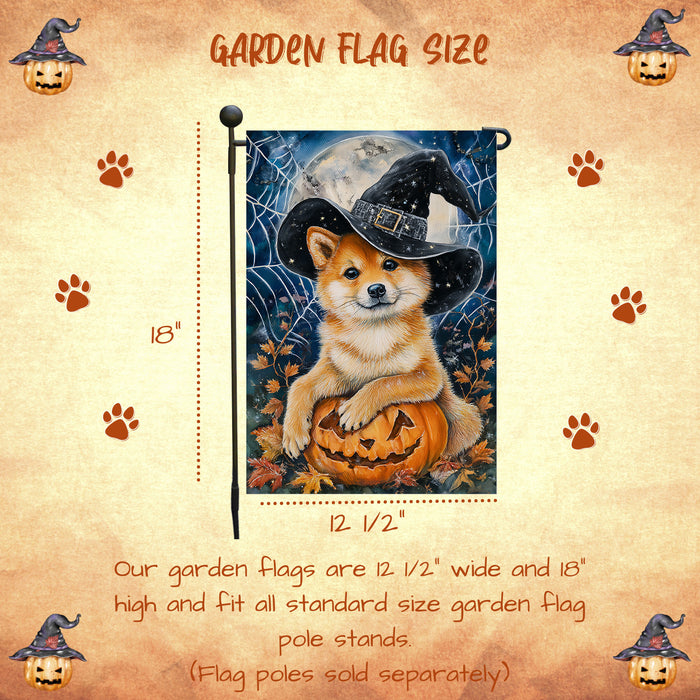 Shiba Inu Halloween Garden Flag Pumpkin Witch Hat Dog Yard Banner Fall Outdoor Decor 12.5 x 18 Inch