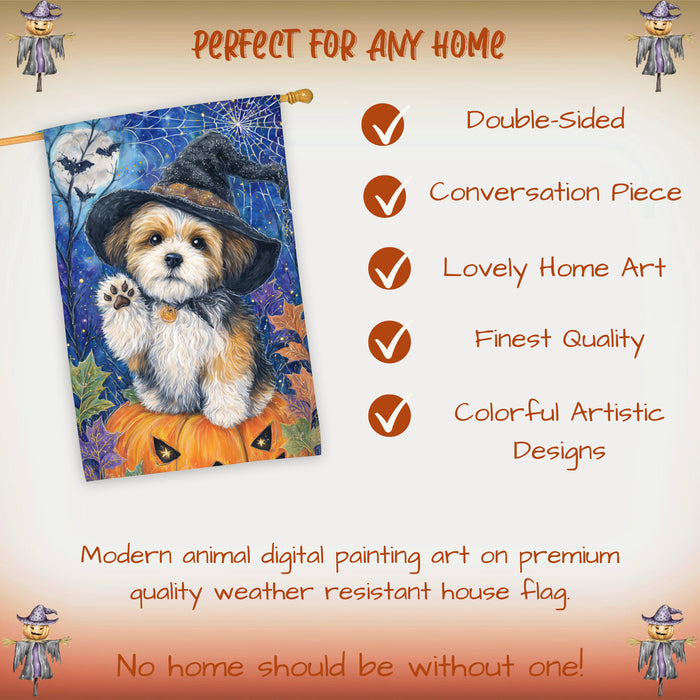 Shih Tzu Halloween House Flag Pumpkin Witch Hat Dog Large Outdoor Banner Fall Porch Yard Decoration 28 x 40 Inch