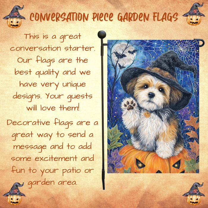 Shih Tzu Halloween Garden Flag Pumpkin Witch Hat Dog Yard Banner Fall Outdoor Decor 12.5 x 18 Inch