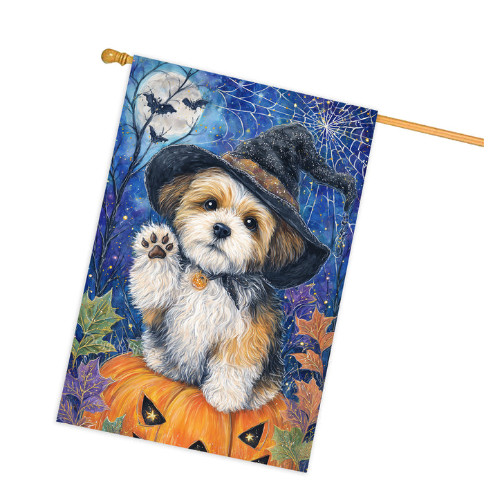 Shih Tzu Halloween House Flag Pumpkin Witch Hat Dog Large Outdoor Banner Fall Porch Yard Decoration 28 x 40 Inch