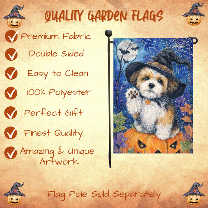 Shih Tzu Halloween Garden Flag Pumpkin Witch Hat Dog Yard Banner Fall Outdoor Decor 12.5 x 18 Inch