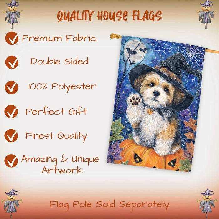 Shih Tzu Halloween House Flag Pumpkin Witch Hat Dog Large Outdoor Banner Fall Porch Yard Decoration 28 x 40 Inch