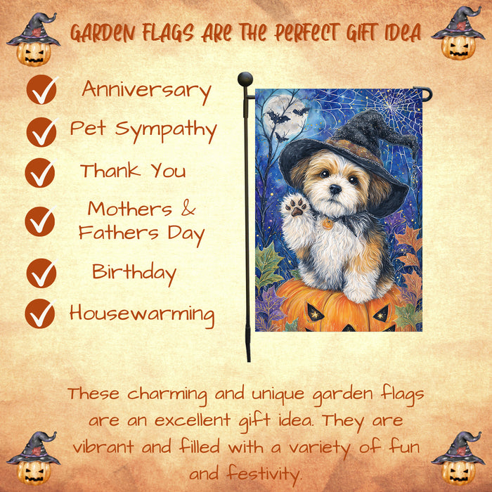 Shih Tzu Halloween Garden Flag Pumpkin Witch Hat Dog Yard Banner Fall Outdoor Decor 12.5 x 18 Inch