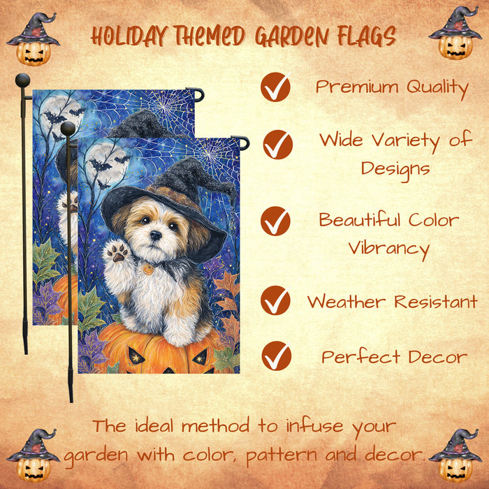 Shih Tzu Halloween Garden Flag Pumpkin Witch Hat Dog Yard Banner Fall Outdoor Decor 12.5 x 18 Inch