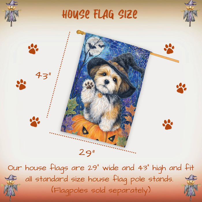 Shih Tzu Halloween House Flag Pumpkin Witch Hat Dog Large Outdoor Banner Fall Porch Yard Decoration 28 x 40 Inch