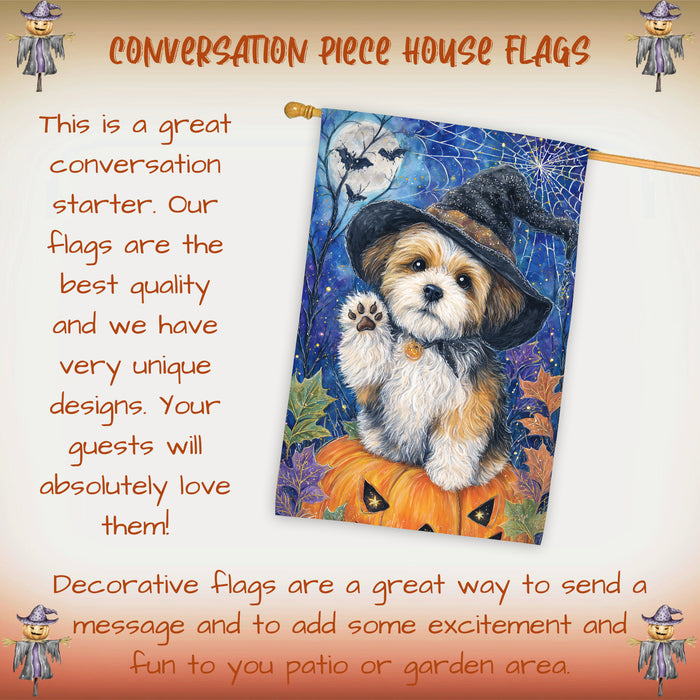 Shih Tzu Halloween House Flag Pumpkin Witch Hat Dog Large Outdoor Banner Fall Porch Yard Decoration 28 x 40 Inch